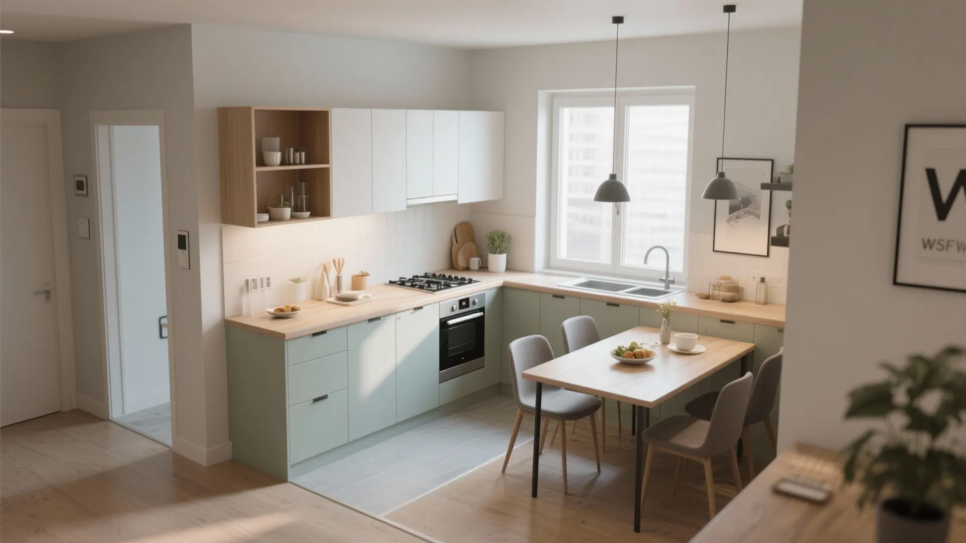 L-shaped layout for more counter space