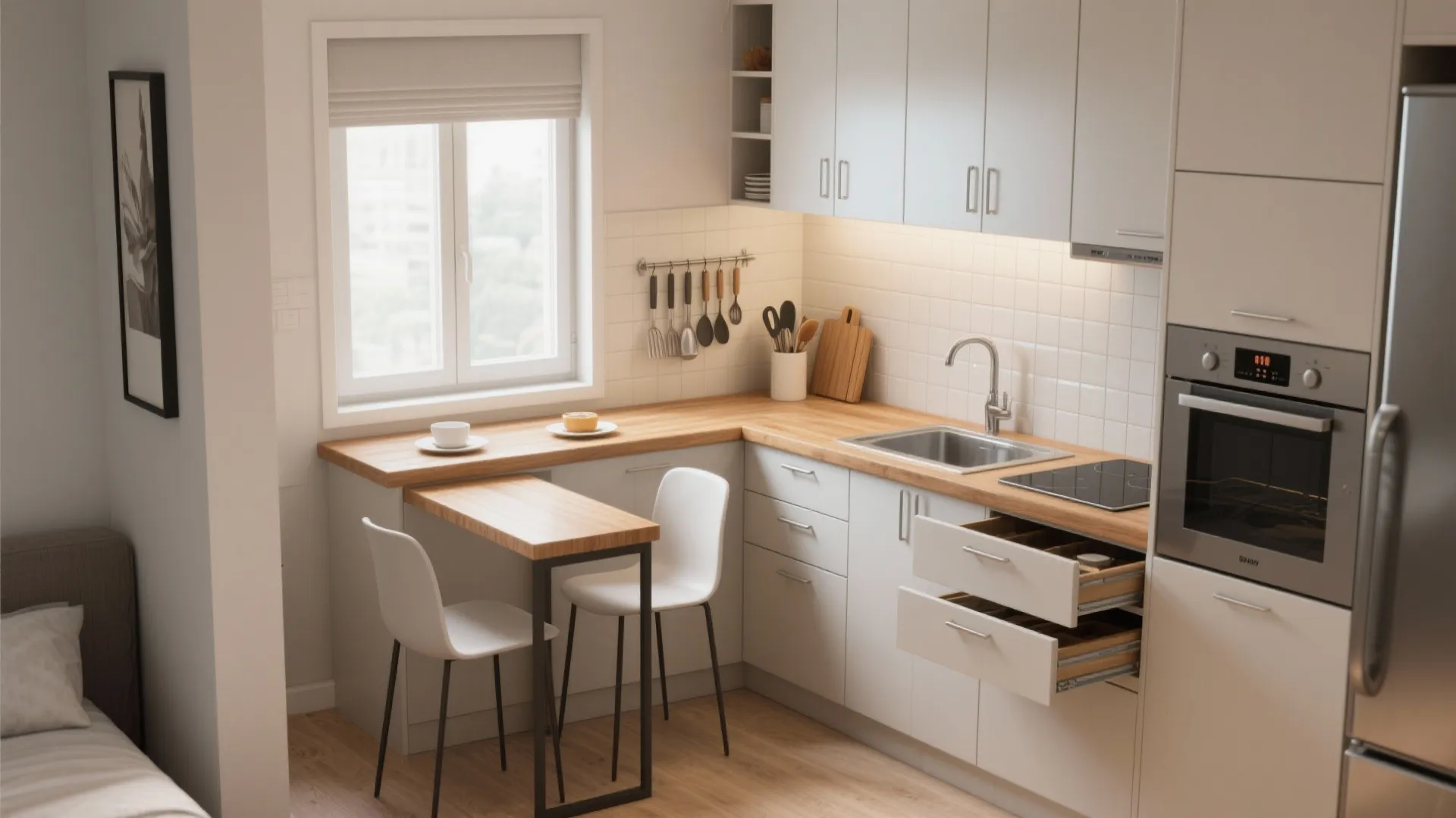Compact L-shaped kitchenette with a small breakfast bar, deep drawers, and vertical rails for utensils.