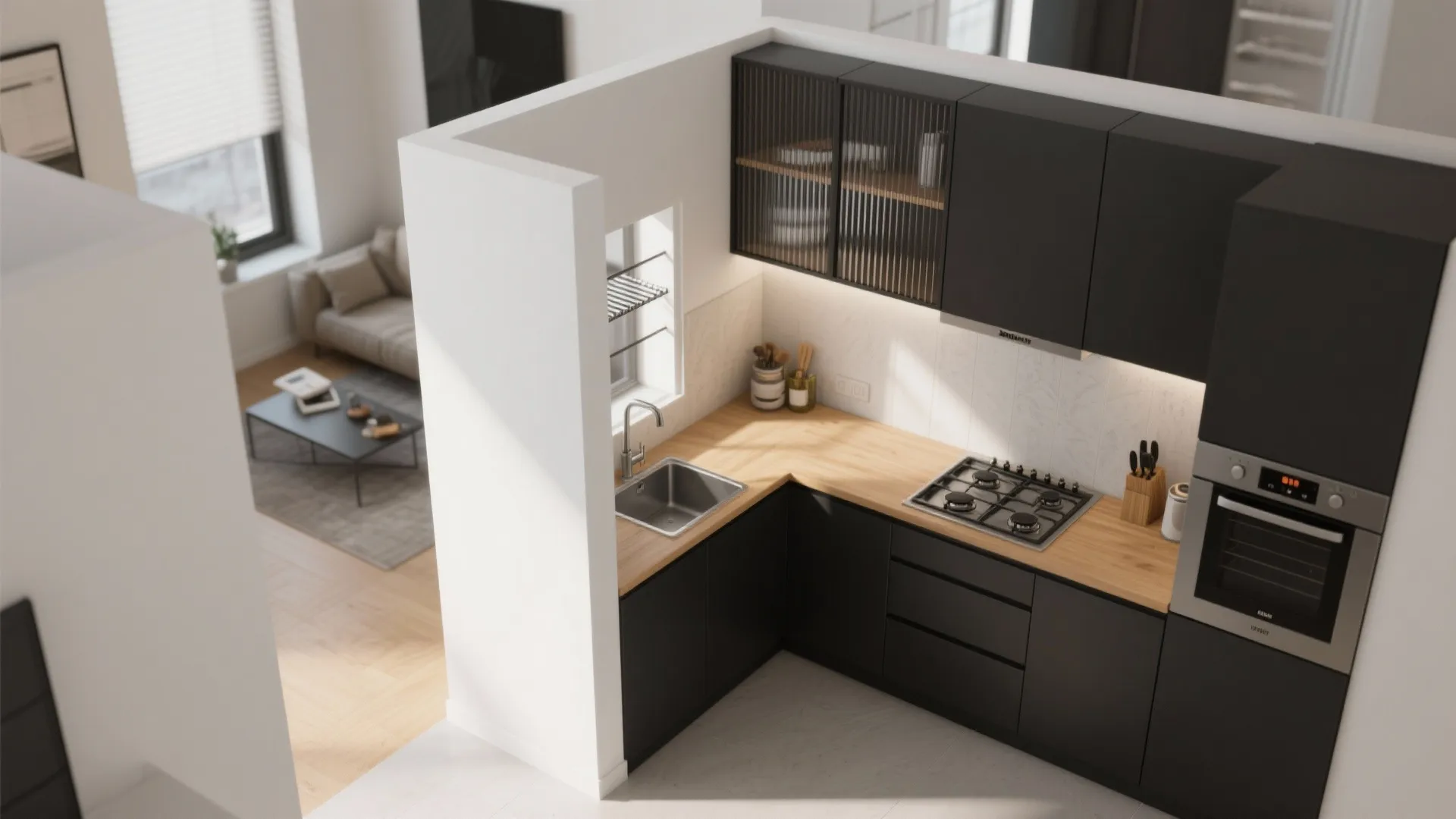 3) L-Shaped Half Wall Grill to Zone a Tiny Kitchen