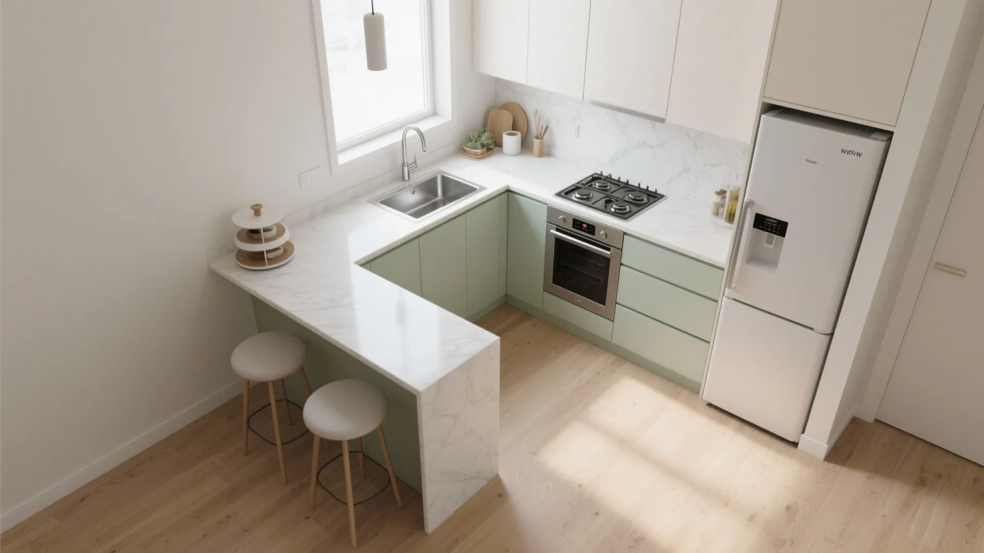 Top view of a small kitchen with green cabinets white counters sink stove and fridge