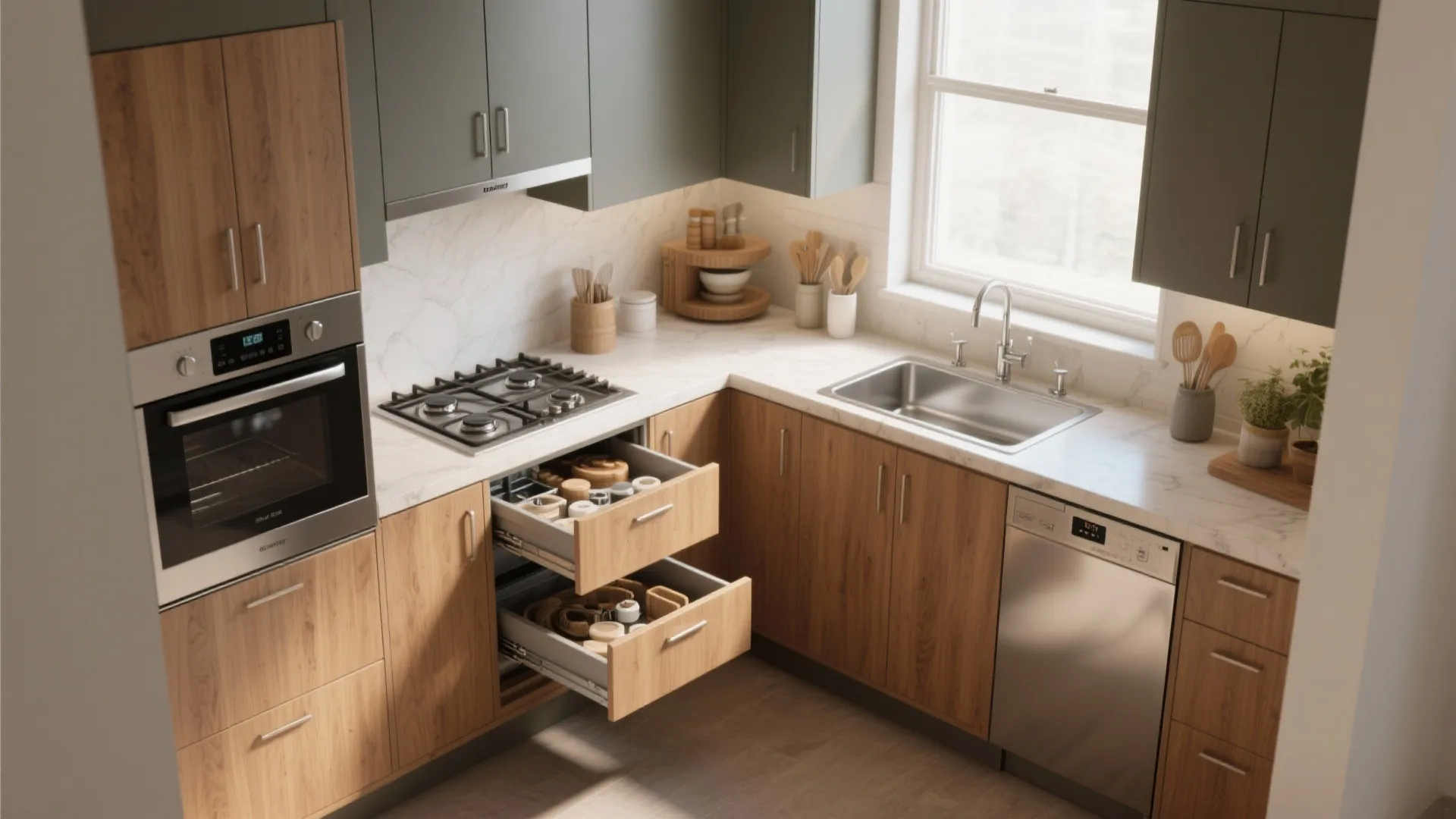 L-shaped kitchen layout with wood base cabinets dark grey wall cabinets marble countertop and built-in oven