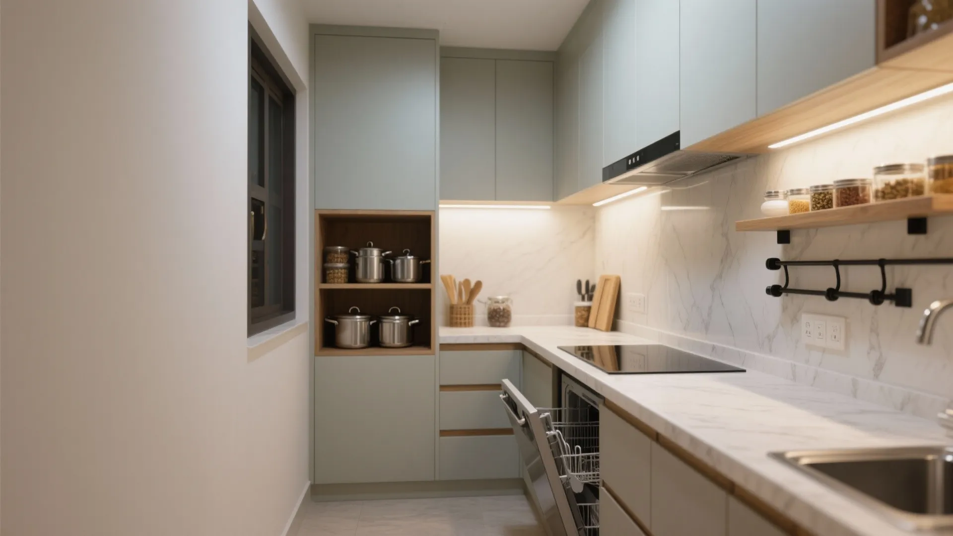 3) Compact L-shaped kitchen that works like a studio