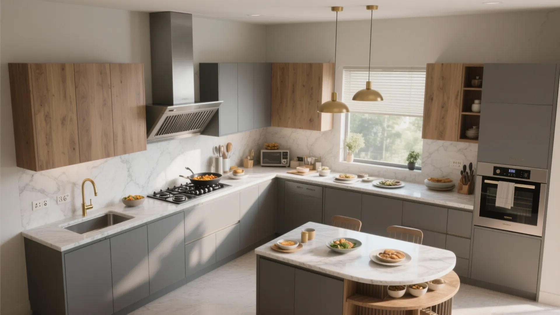 L-shaped compact kitchen with wet–dry zoning