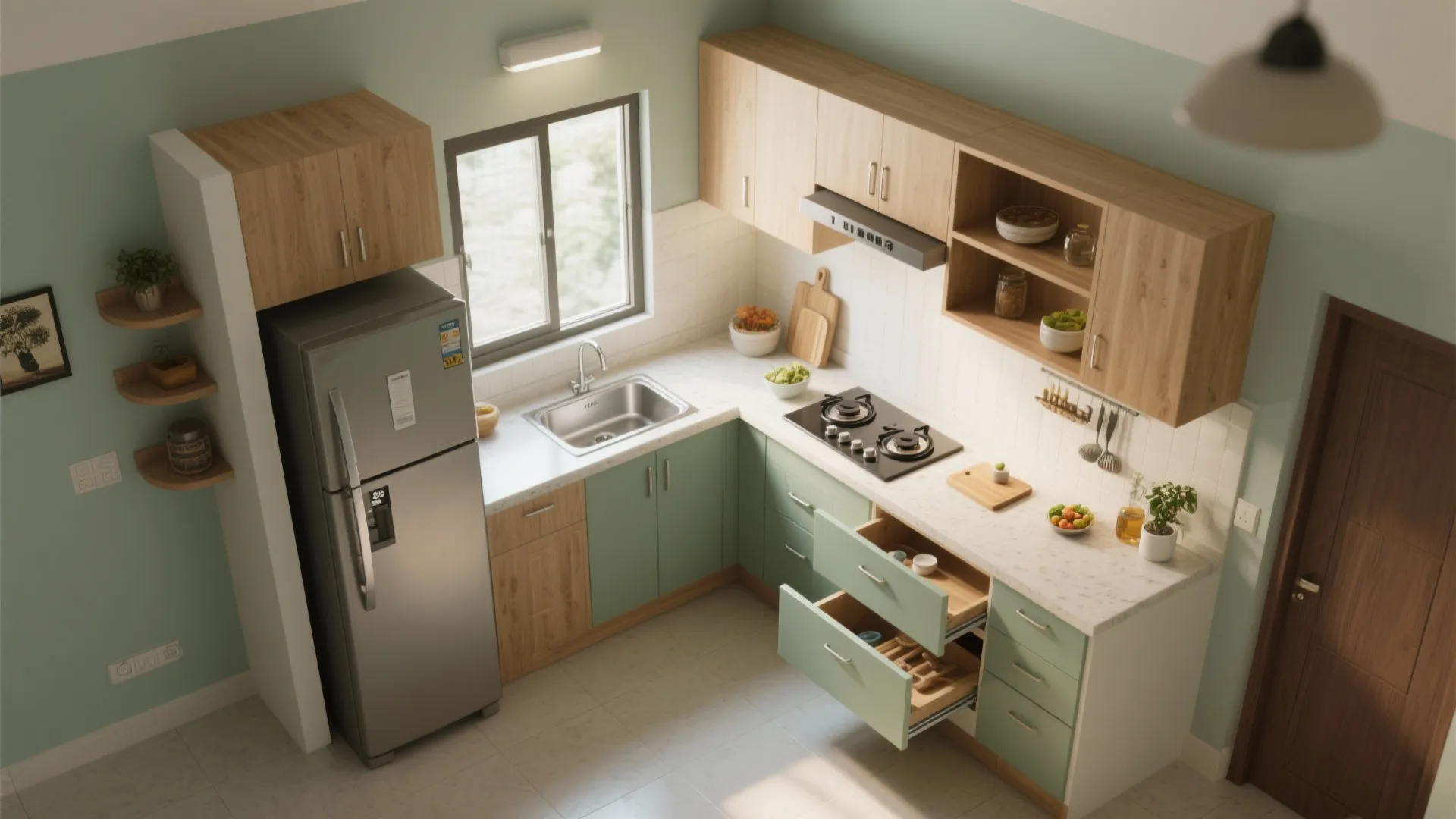3) L-shaped compact kitchen for a calm, efficient work zone