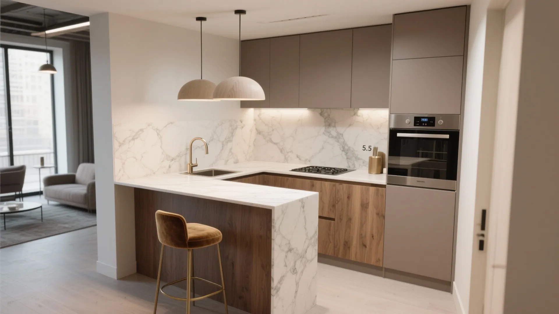 L-shaped mini-kitchen with chef flow