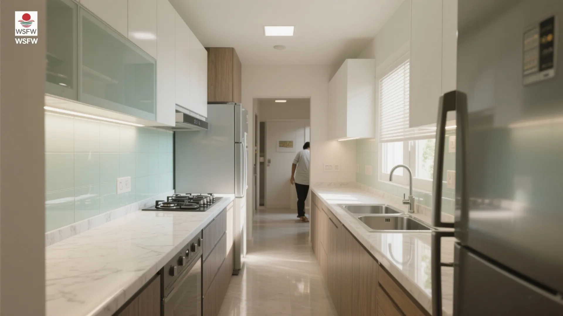 Modern galley kitchen with white upper cabinets wood lower cabinets marble countertop and a gas stove