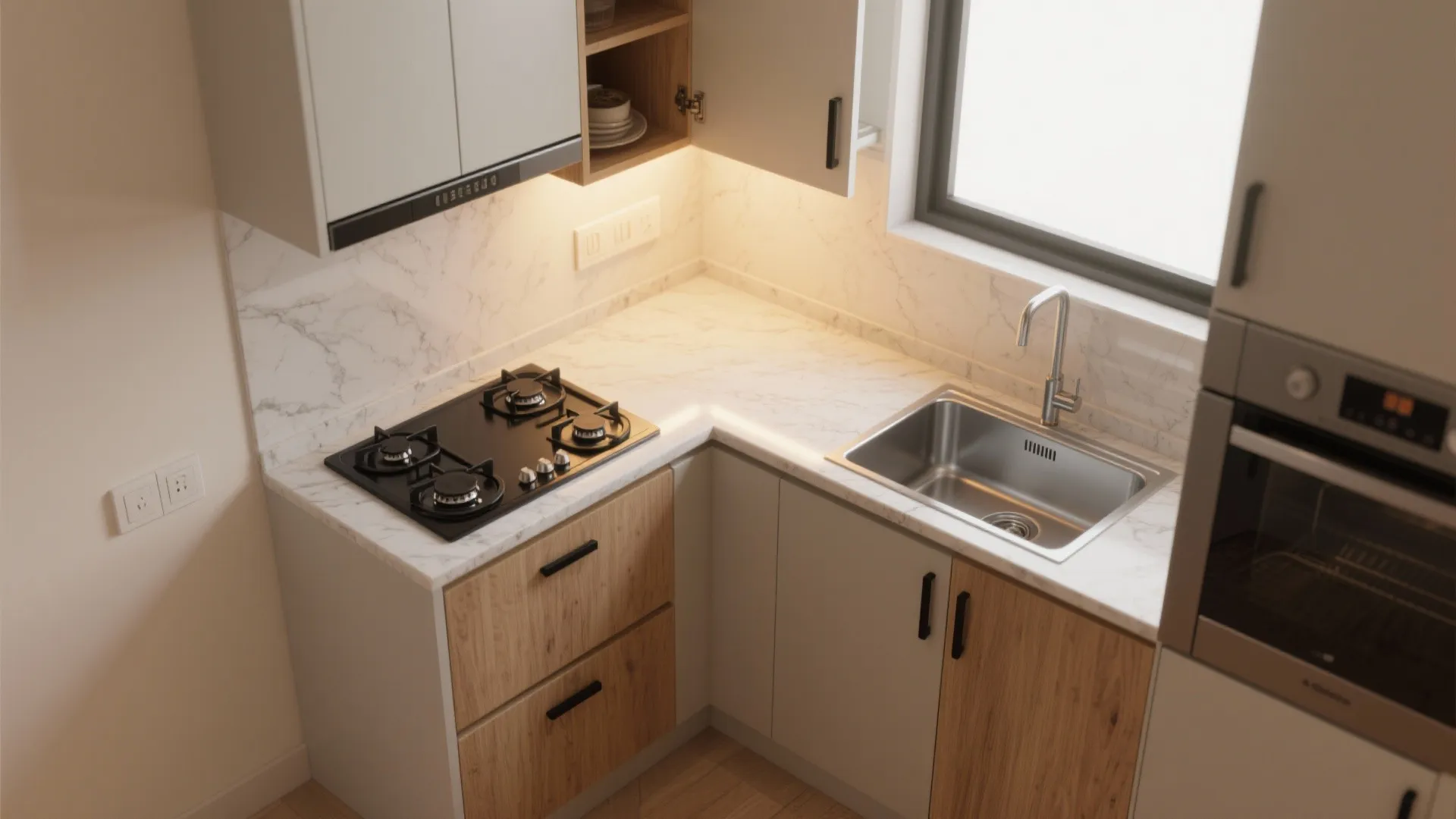 L shaped kitchen corner with black stove sink window marble countertop and wood grain cabinets