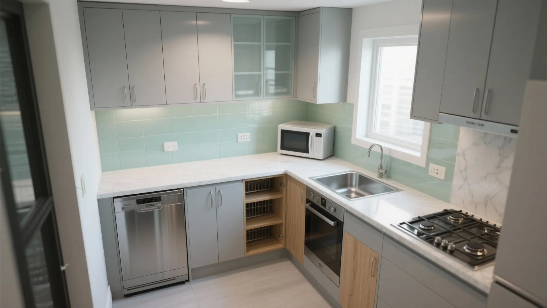 Modern L shaped kitchen with grey cabinets light green wall tiles oven sink and microwave