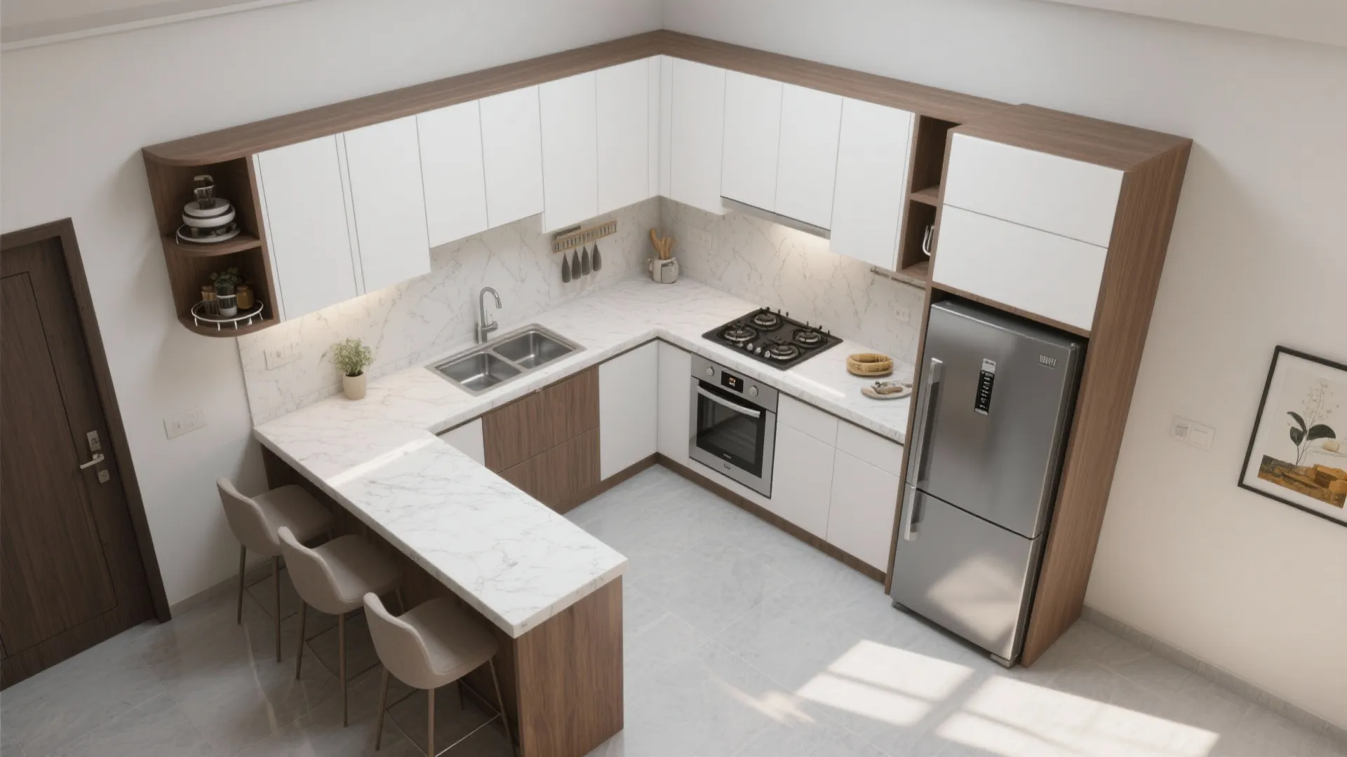 Modern kitchen layout with white cabinets wood accents marble counter breakfast bar and silver refrigerator
