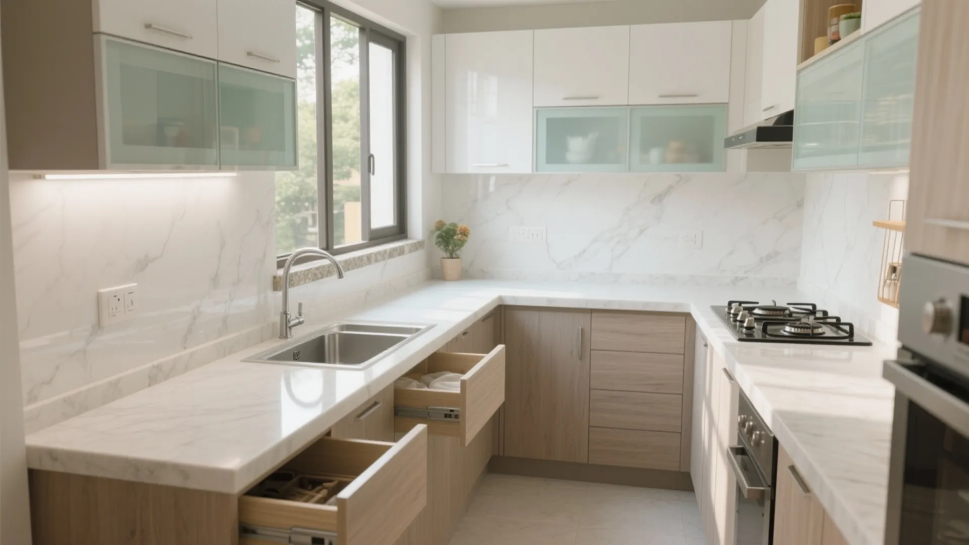 L-shaped small kitchen with a breakfast ledge