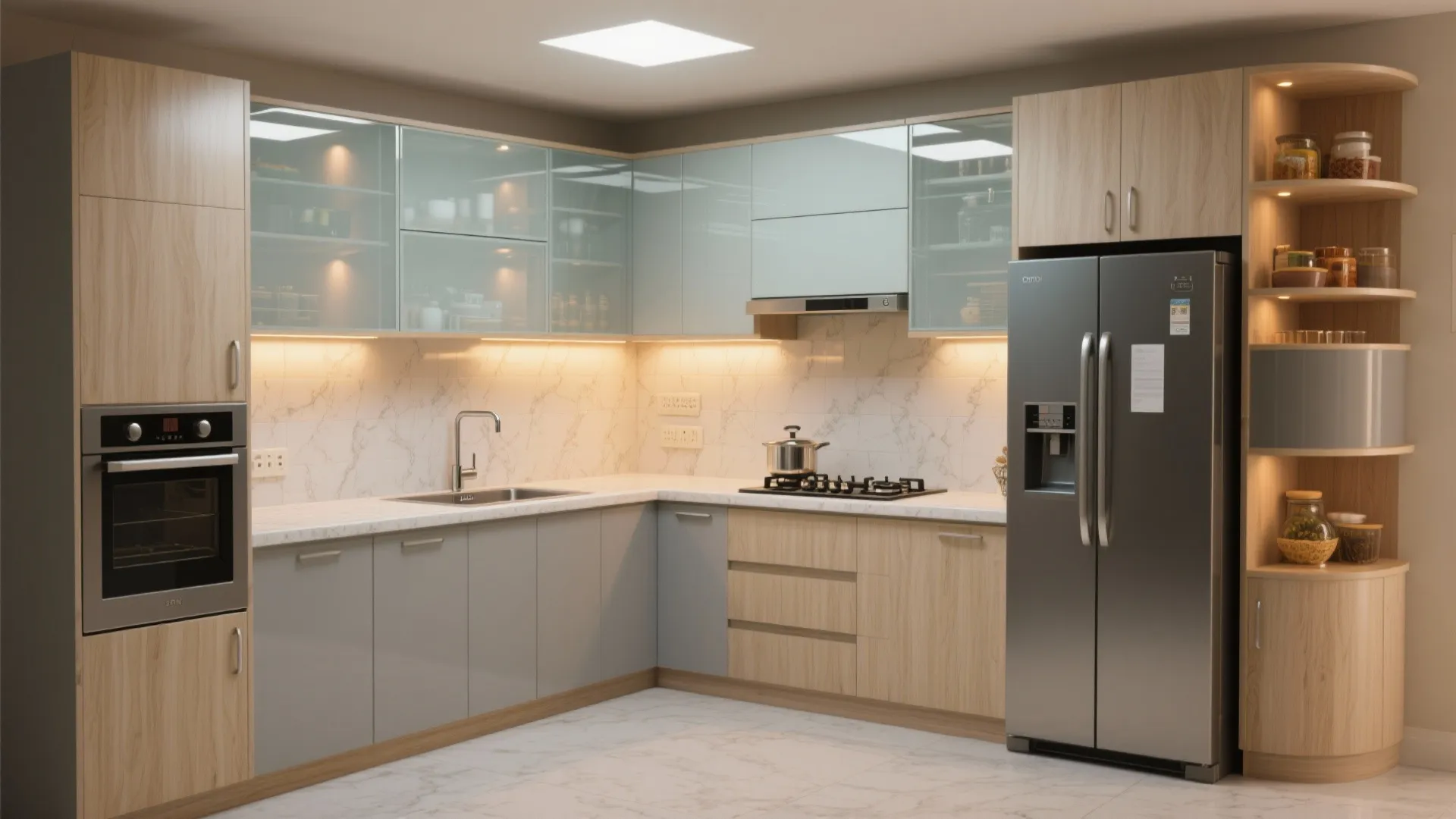 L-shaped modular kitchen with vertical storage
