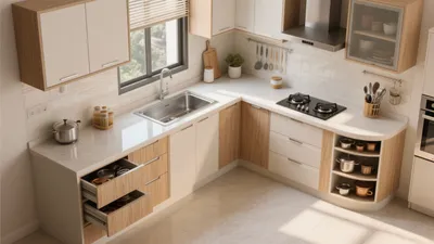 Modern L-Shaped Kitchen with Wood Accent & Smart Storage
