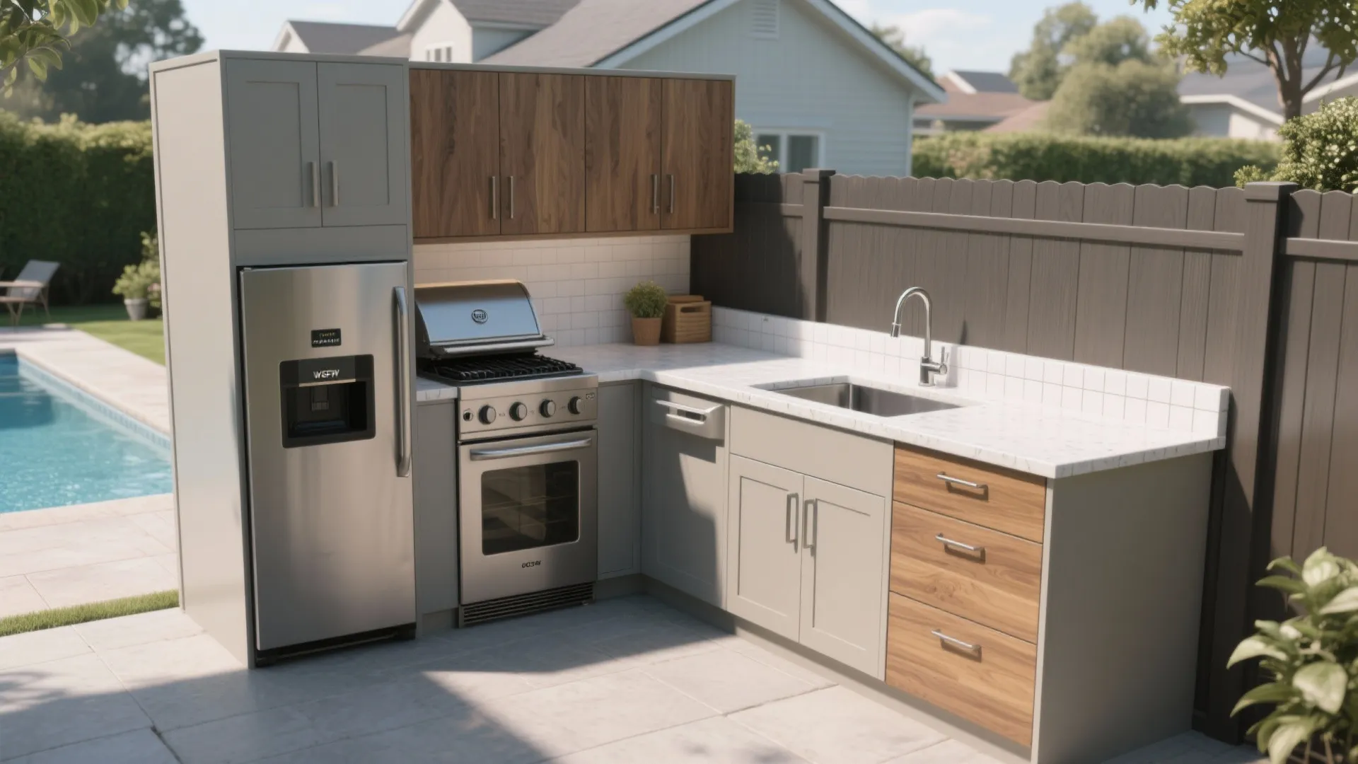 1. Compact L-shaped poolside kitchenette