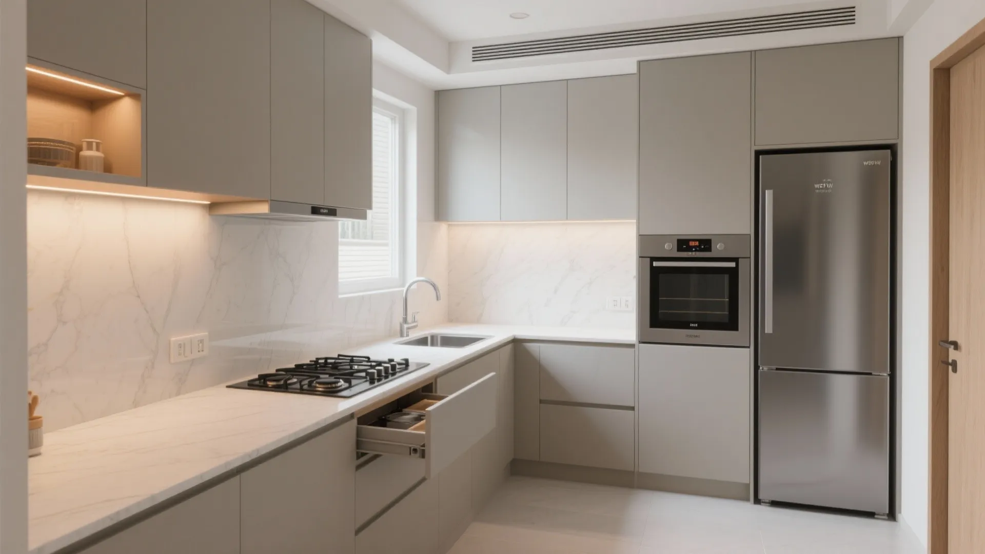 L-shaped small kitchen layout for flow