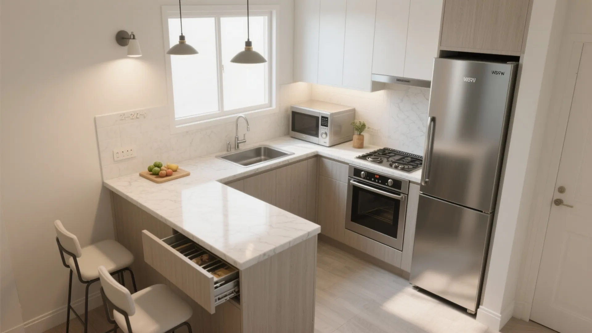 L-shaped layout to free counter space