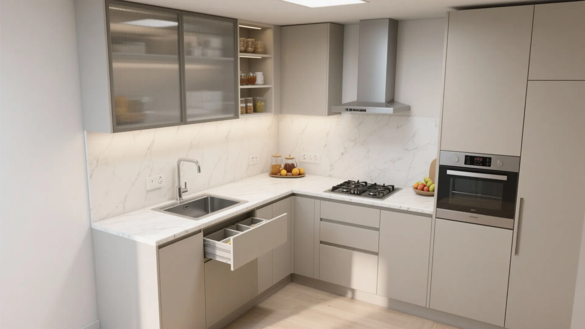 L-shaped micro-kitchen that frees counter space