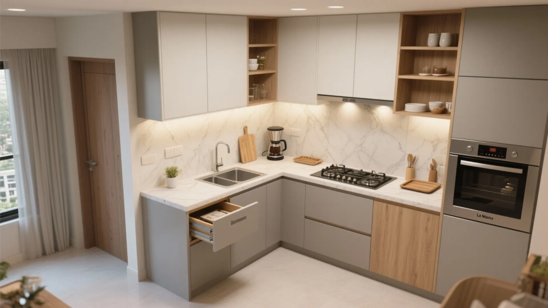 Modern L-shaped kitchen with grey and wood cabinets white marble backsplash and built-in cooking appliances