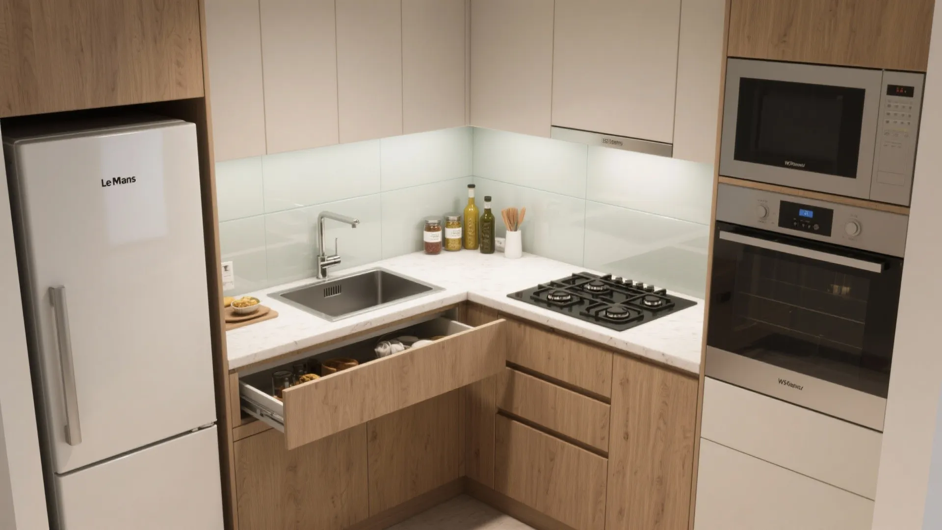 L-shaped apartment kitchen with efficient work triangle, landing zone, and corner pull-out for storage