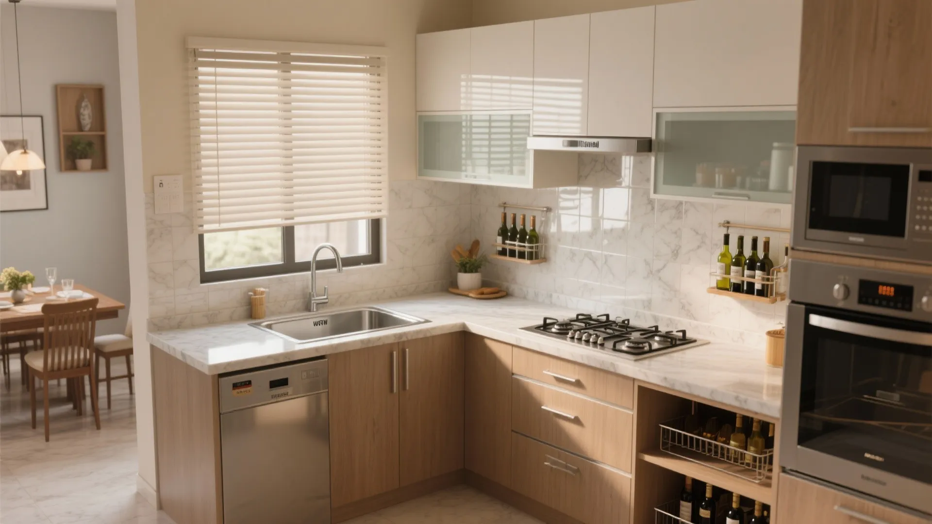 Kitchen zoning: wet-dry separation with an L-shaped core