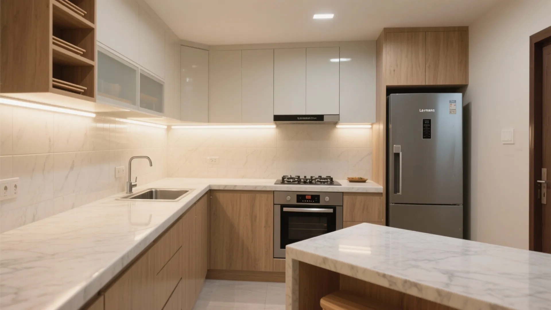 U or L-shaped kitchen to maximize counter flow