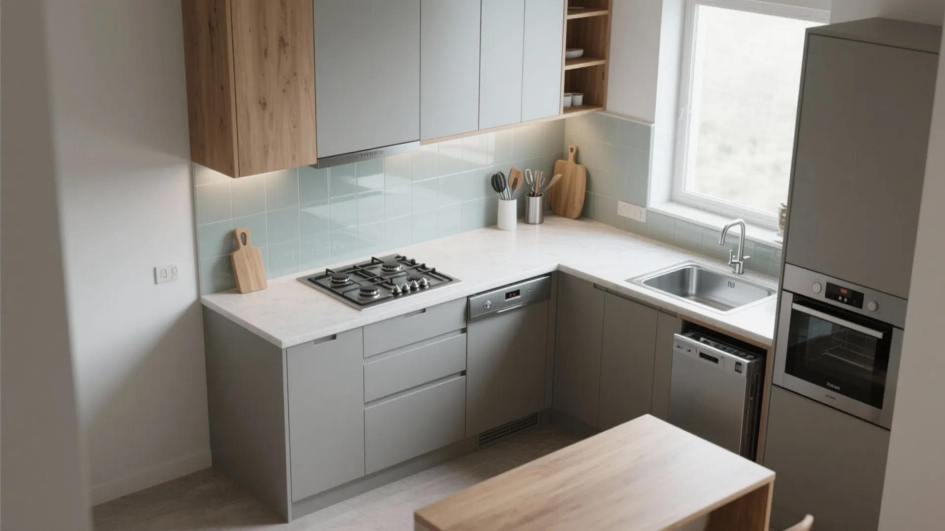 L-shaped flow that reads like a corner desk