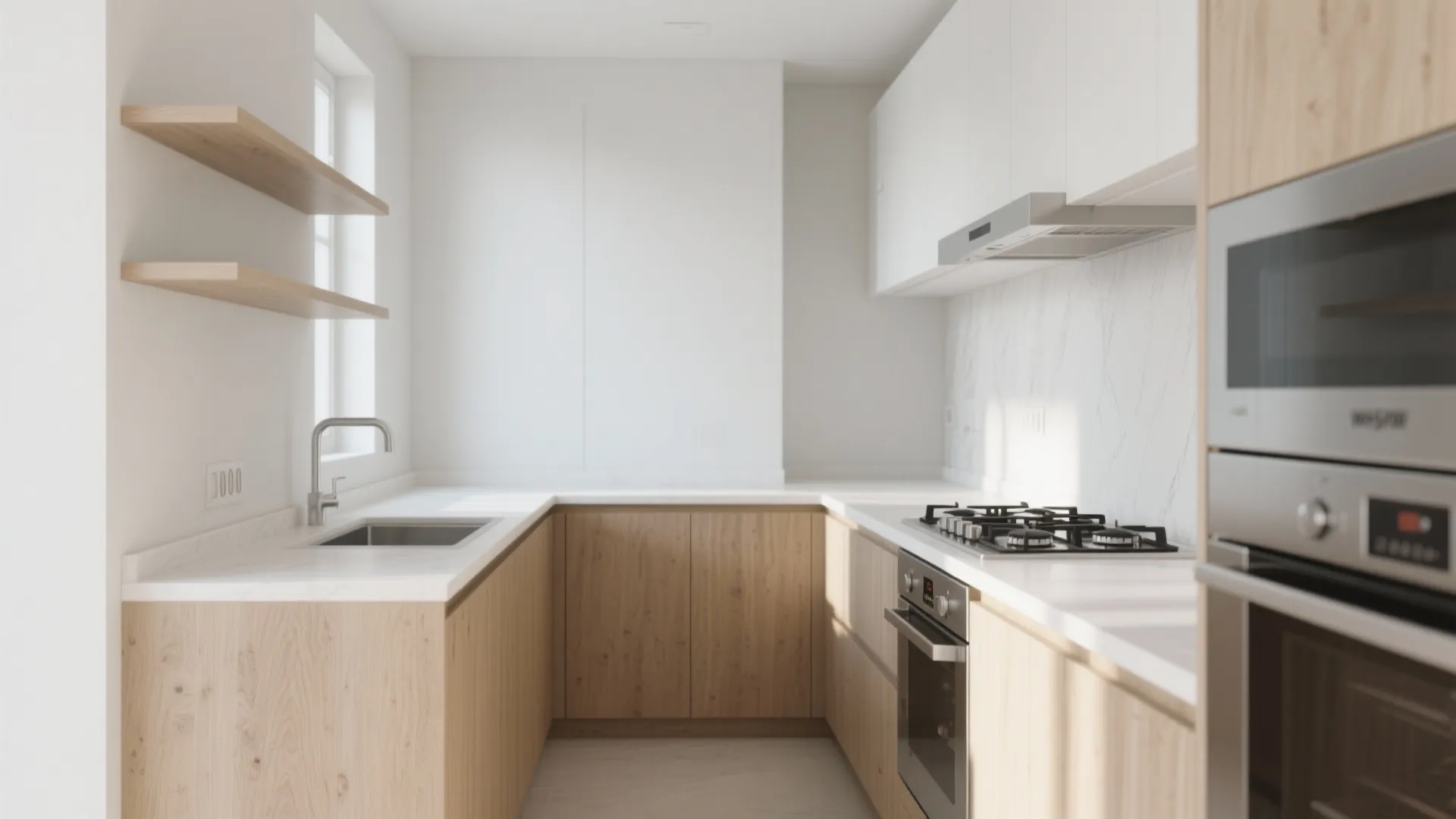 Modern L-shaped kitchen design with wooden lower cabinets white upper cabinets and white marble backsplash