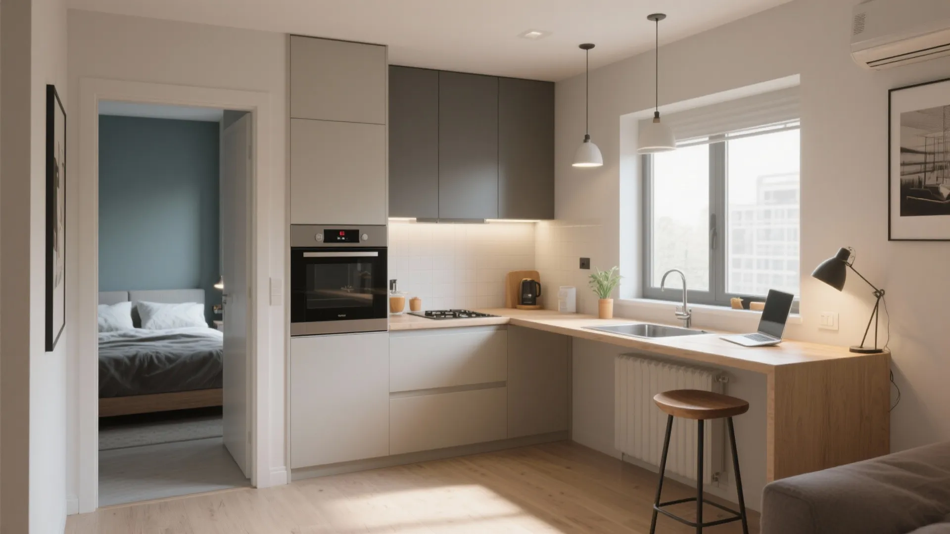 Modern l-shaped kitchen with grey cabinets wooden countertop sink laptop and view into cozy bedroom