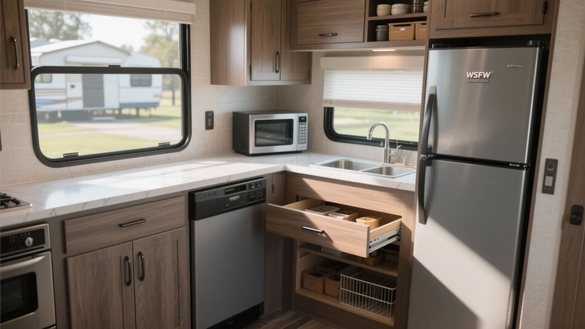 2. L-Shaped Kitchen with Slide-Out Pantry