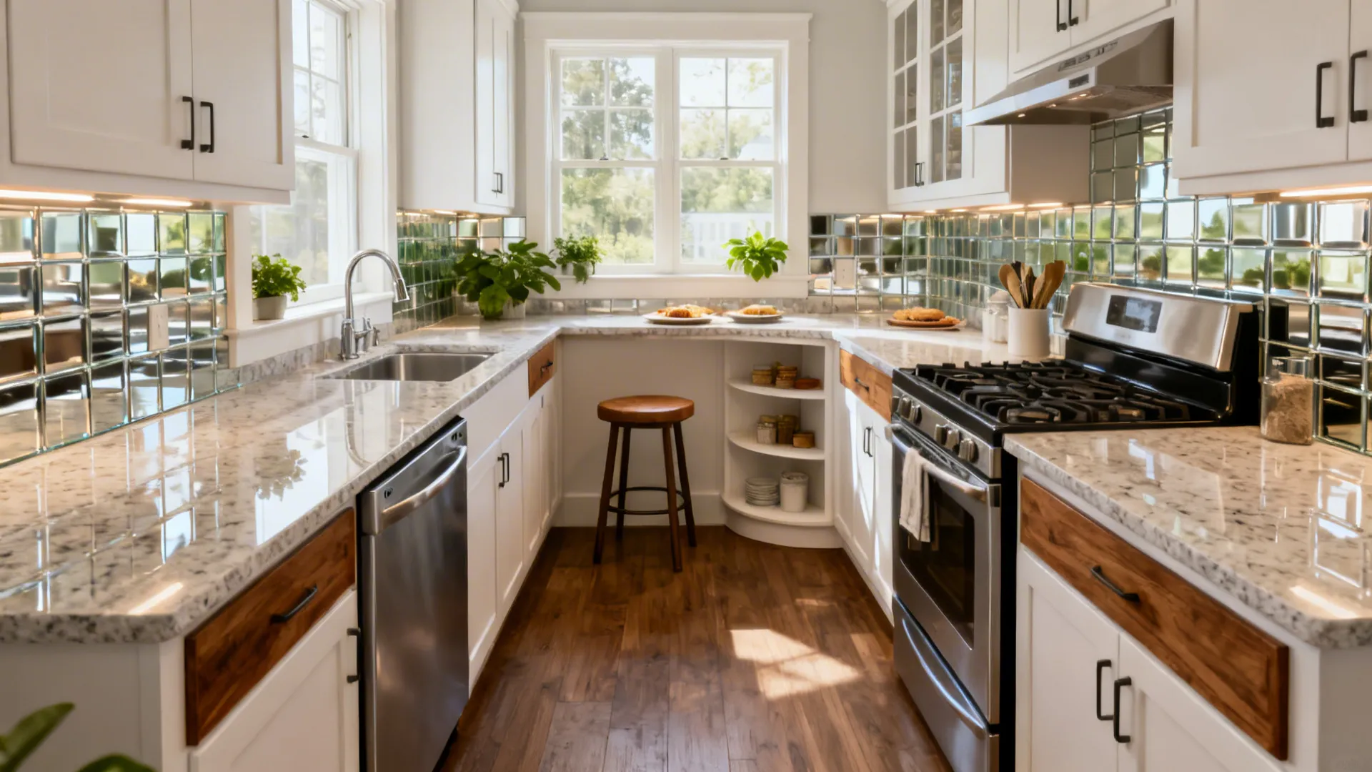L-shaped kitchen with contiguous counters, window perch, and corner solution.