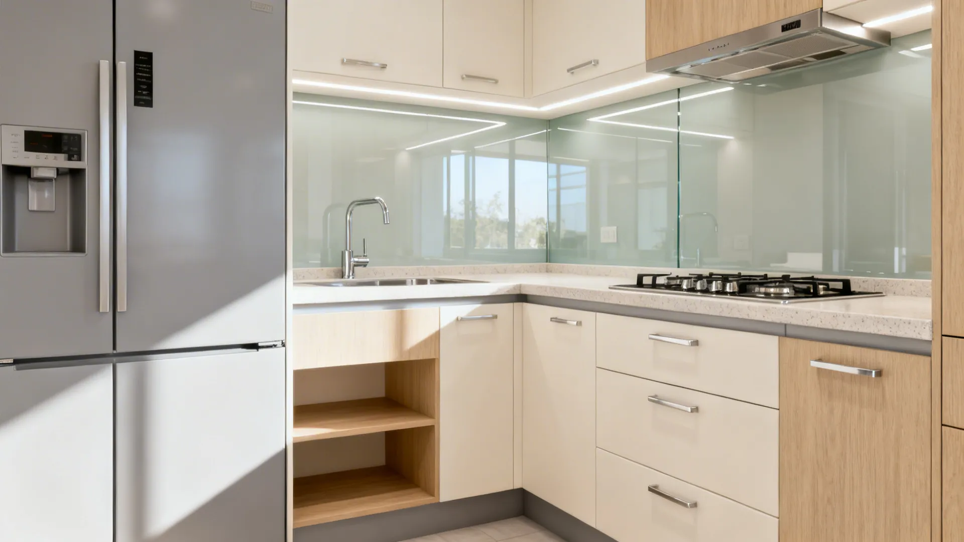 Compact L-shaped kitchen with glass backsplash and uninterrupted prep counter.