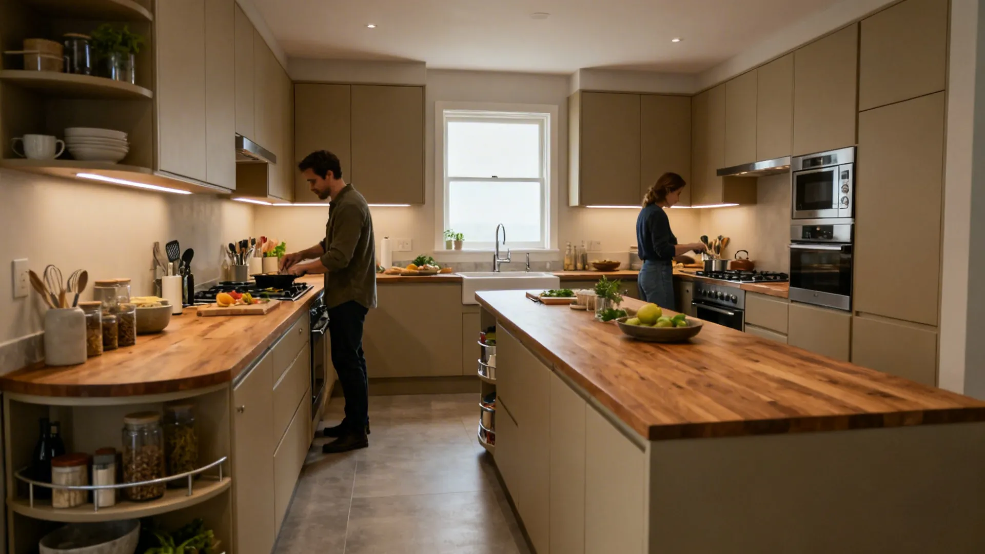 Small L-shaped kitchen with clear lane, corner storage, and long prep area.