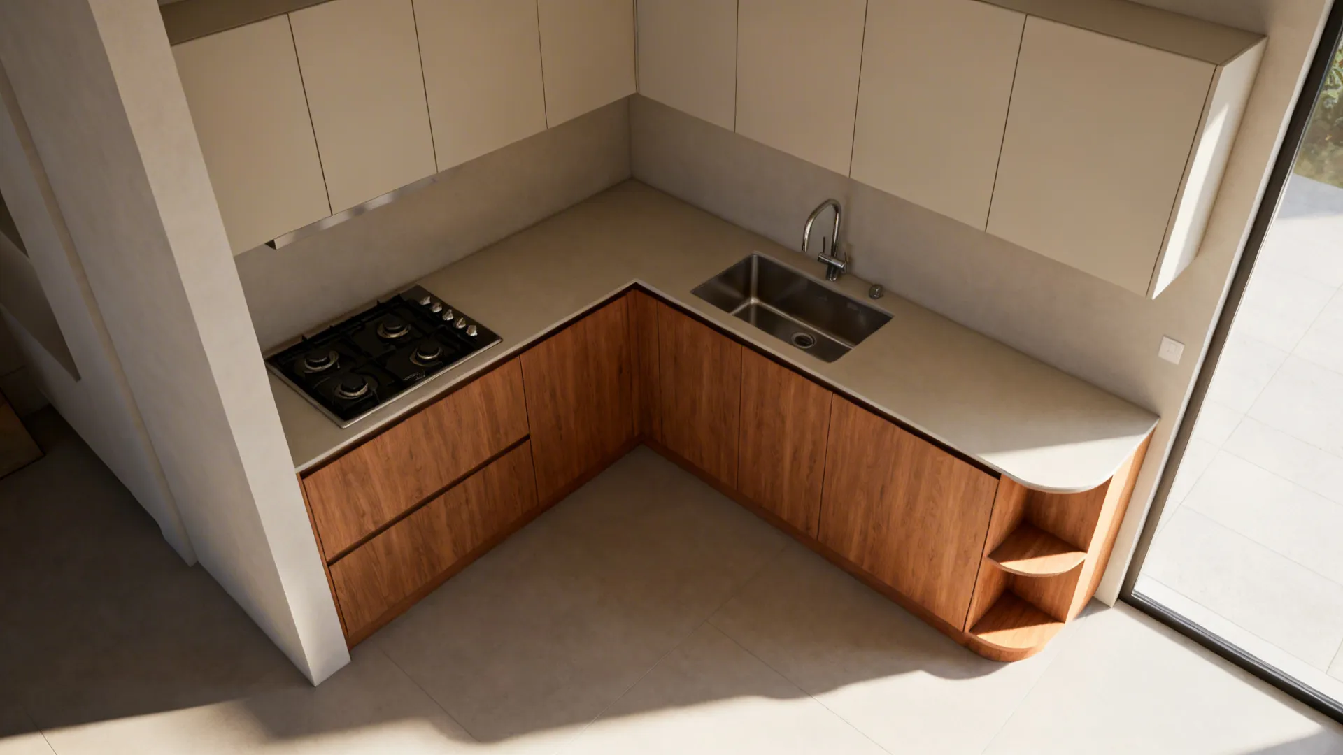 Compact L-shaped kitchen with a long prep run, sink on the long side, and cooktop on the short leg.
