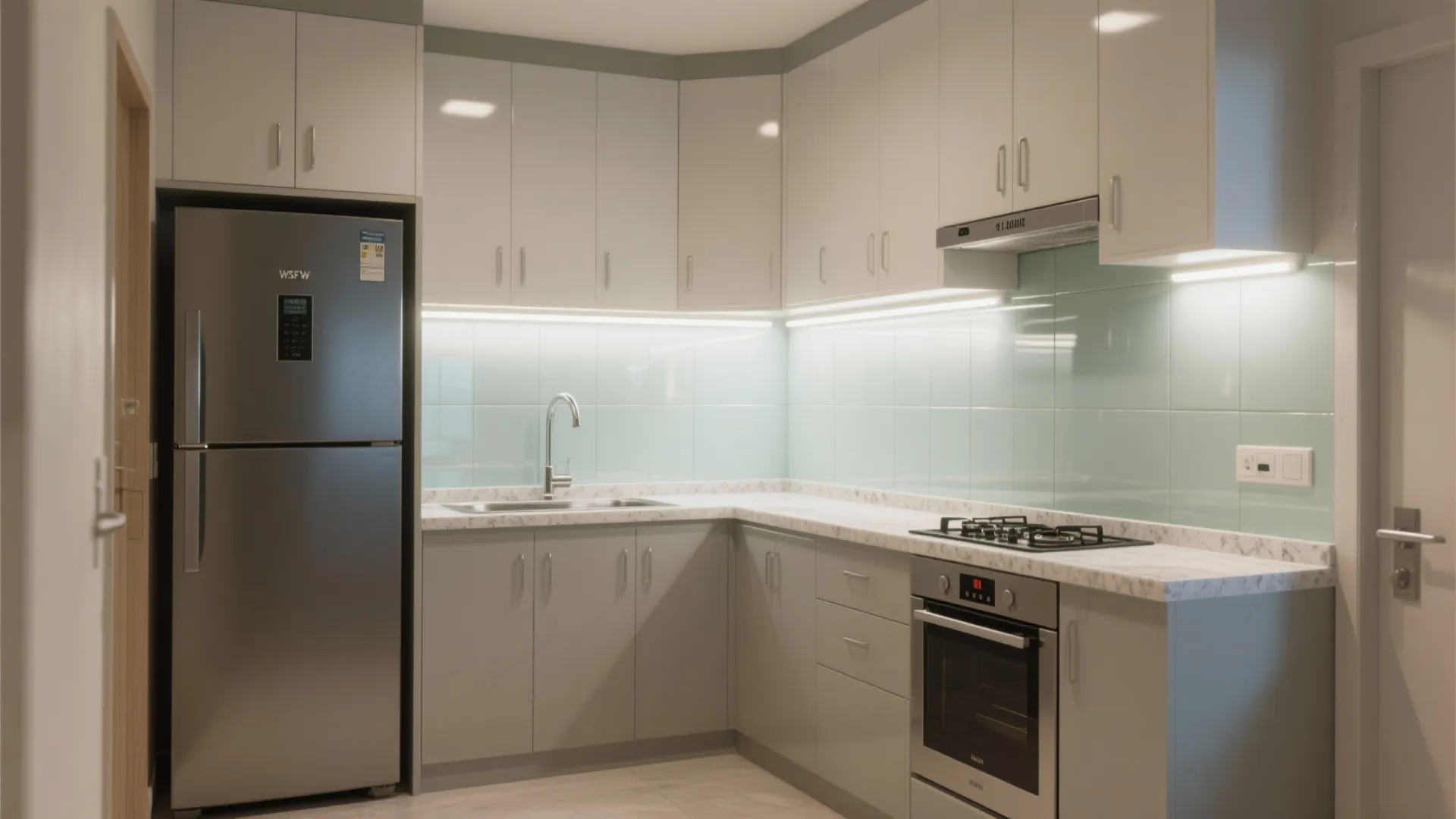 Compact L-shaped kitchen with quartz counters and a light glass backsplash.