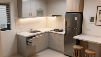 Modern L-Shaped Kitchen with Marble Countertops & Smart Storage