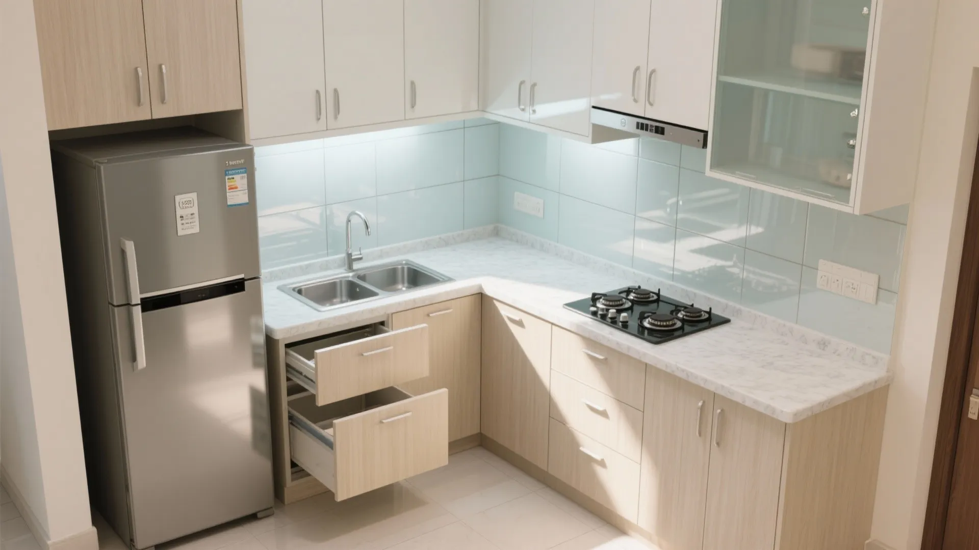 Compact L-shaped kitchen that doubles countertop space