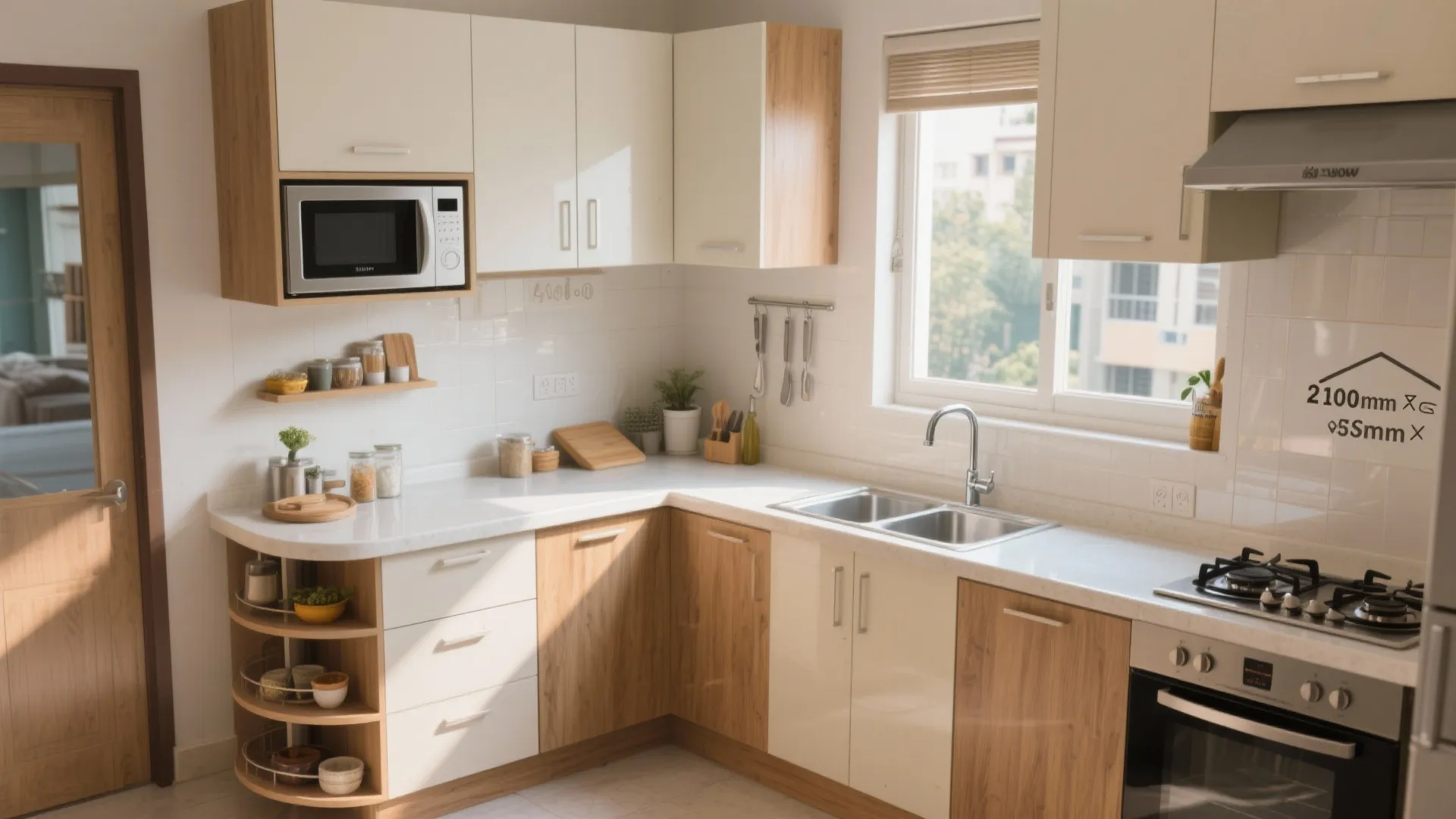 Modern L shaped kitchen with white and wood cabinets sink stove oven and bright window light