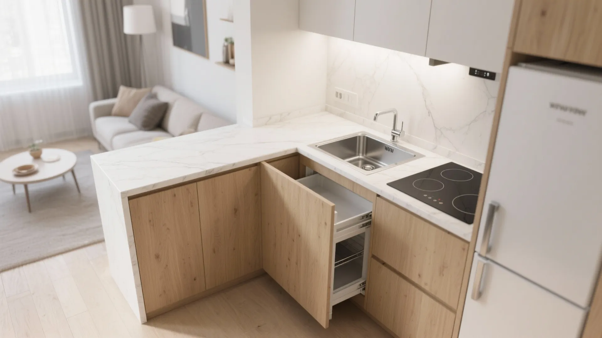 L-shaped layout for more counter space