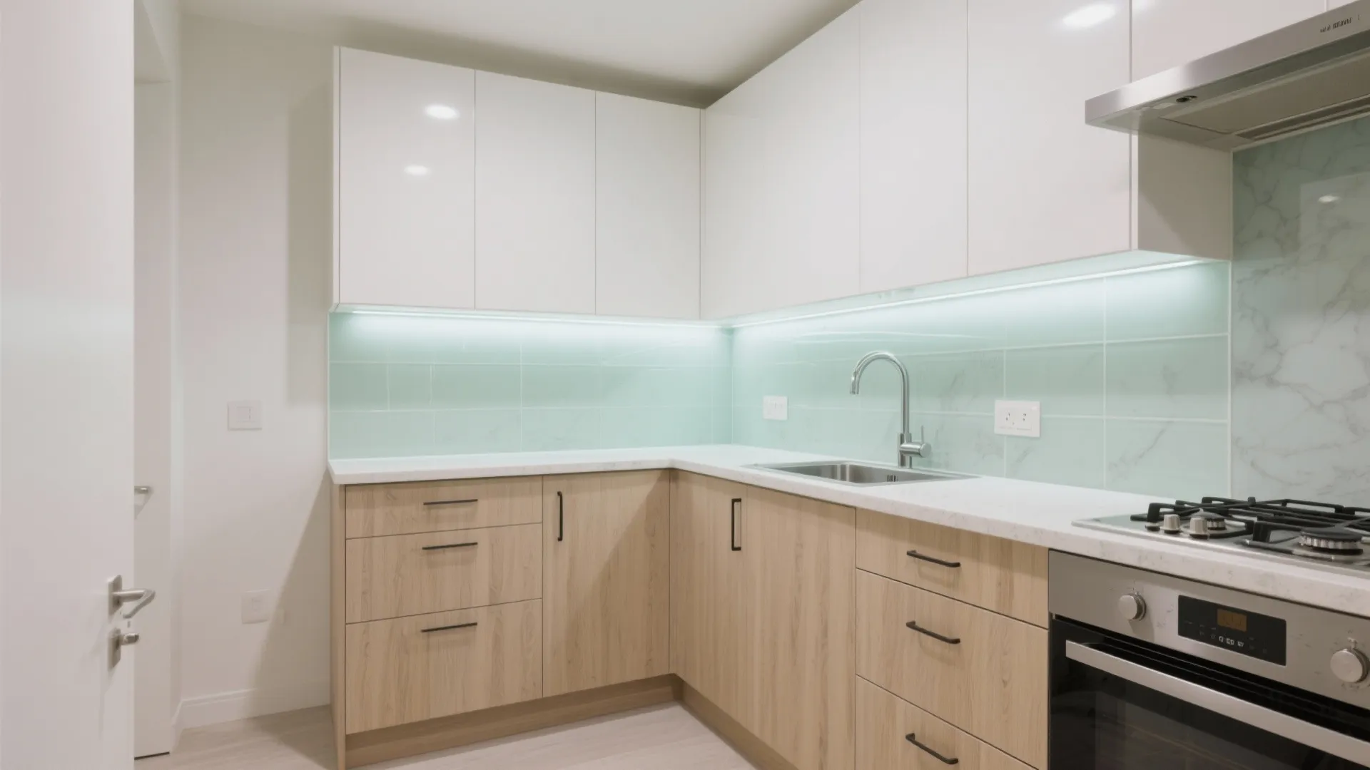 L-shaped kitchen featuring wood cabinets white top cupboards gas stove oven sink and light green walls
