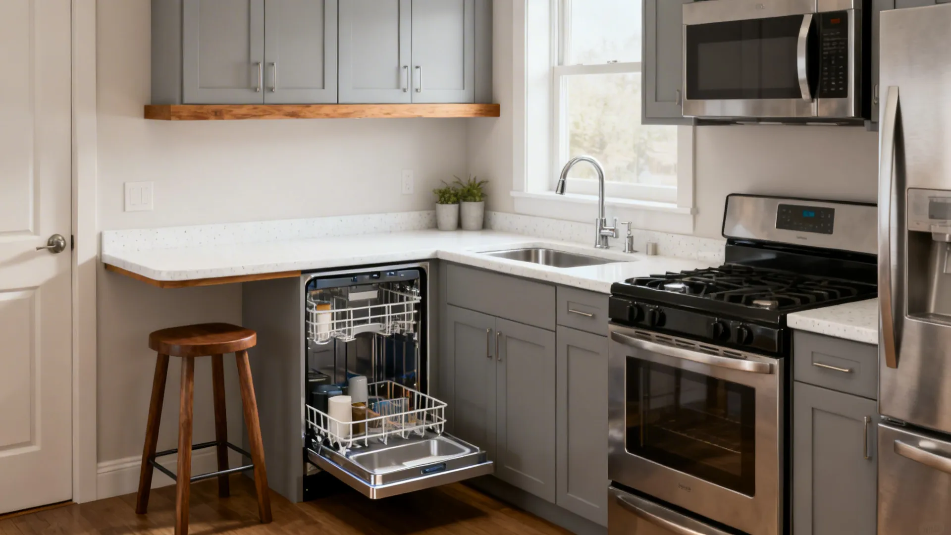 Compact L-shaped kitchen with corner storage and clear aisles in a modern palette.