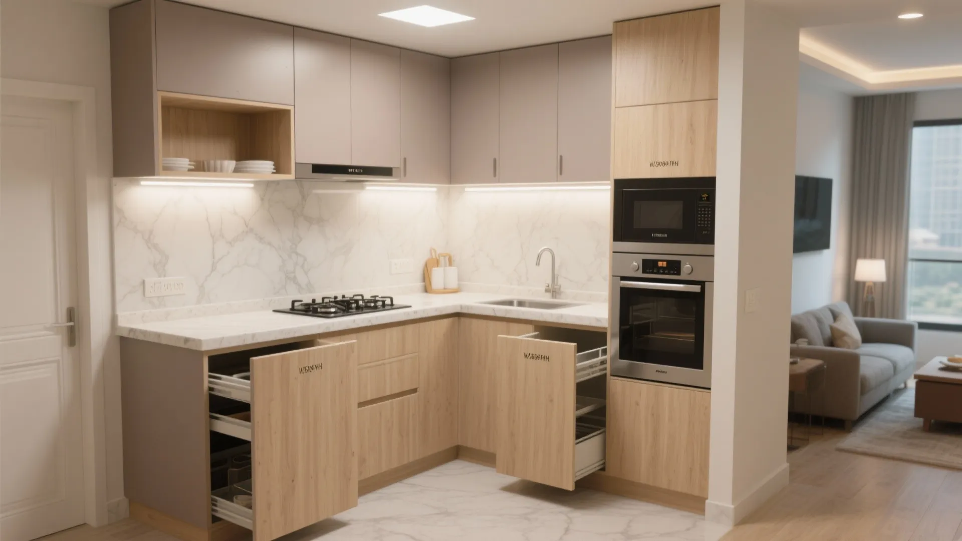 Modern L-shaped kitchen with wood cabinets marble backsplash white countertop and built-in oven and microwave