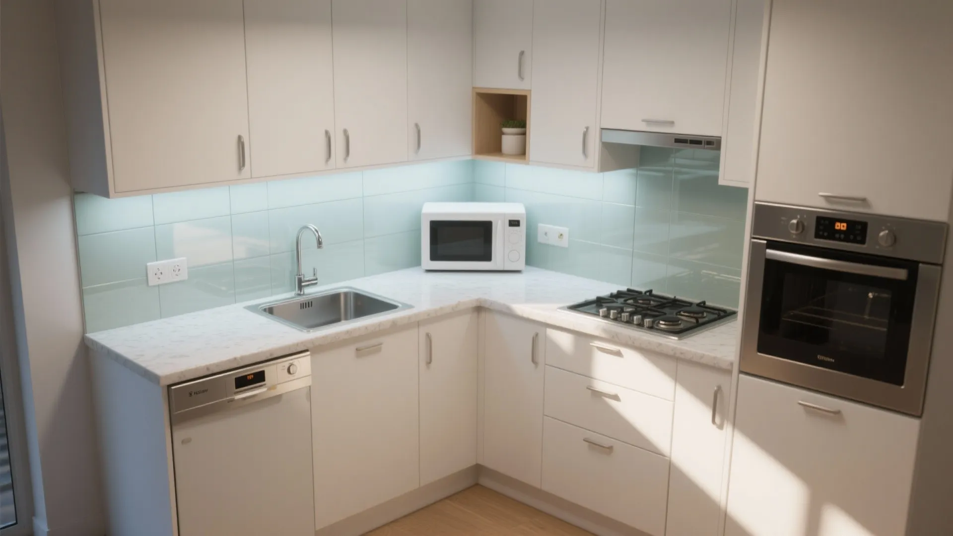 Flexible L-shaped kitchen for maximum counter length