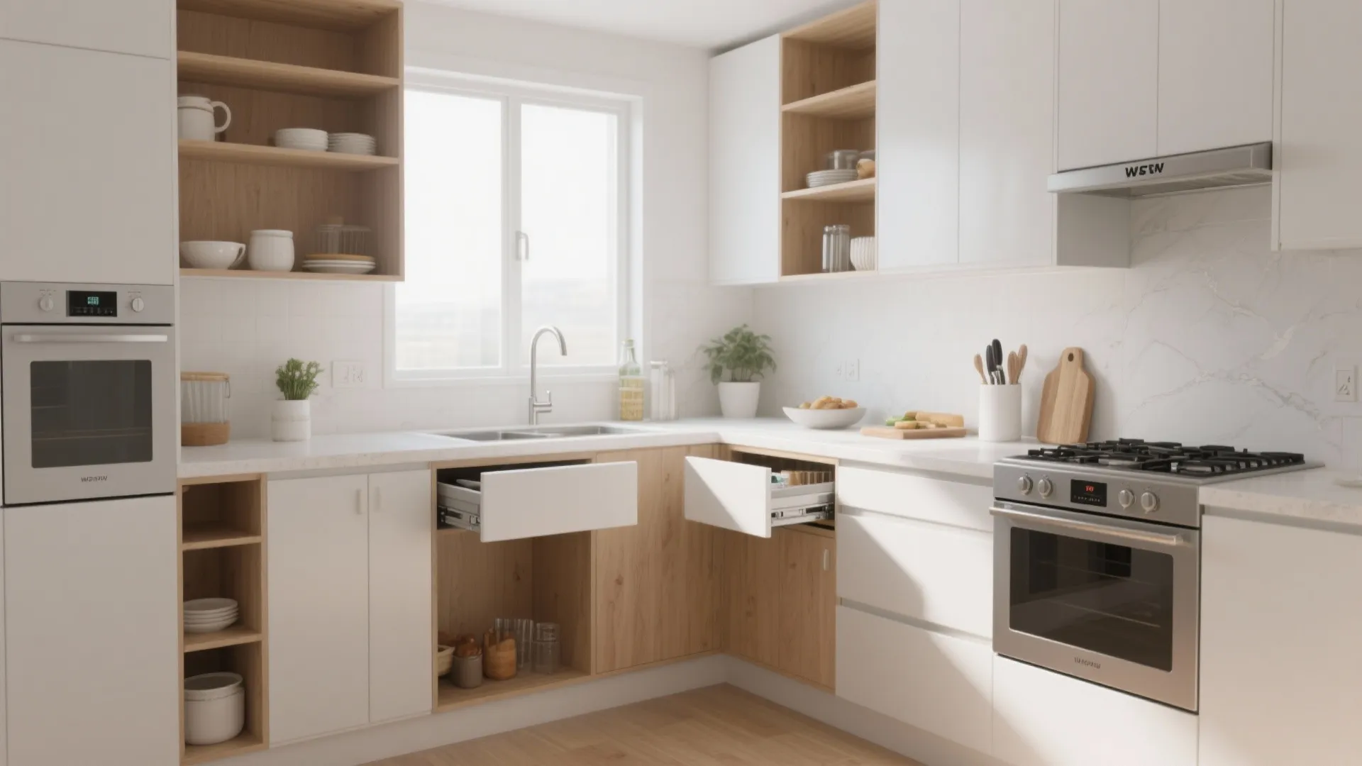 3) L-Shaped Corner Storage in the Kitchen