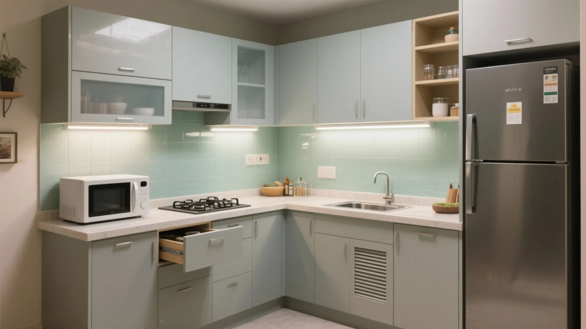 L-shaped kitchen to release more counter space