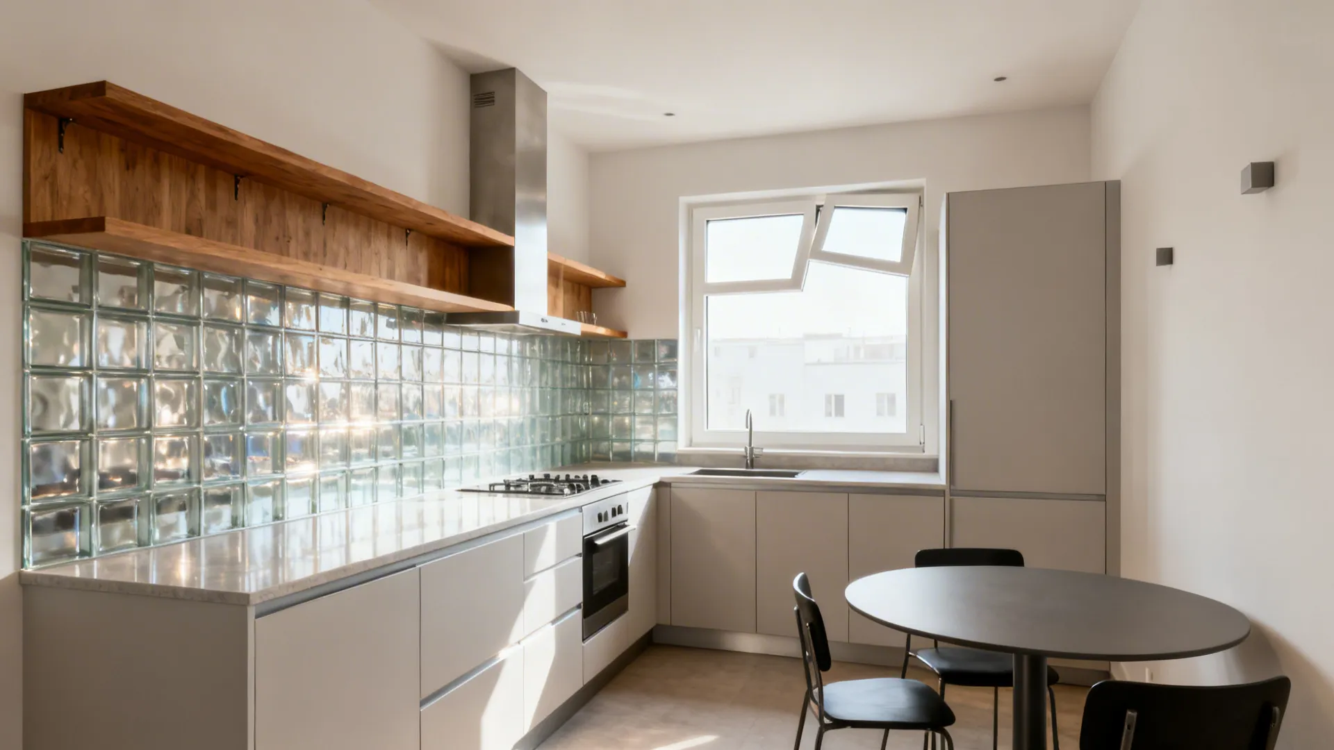 Compact L-shaped kitchen diner with a continuous counter and a clear 90–105 cm aisle to a round dining table.