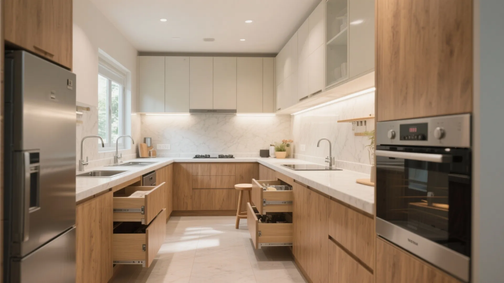 U shaped kitchen layout with wooden cabinets white countertops open drawers and built in oven