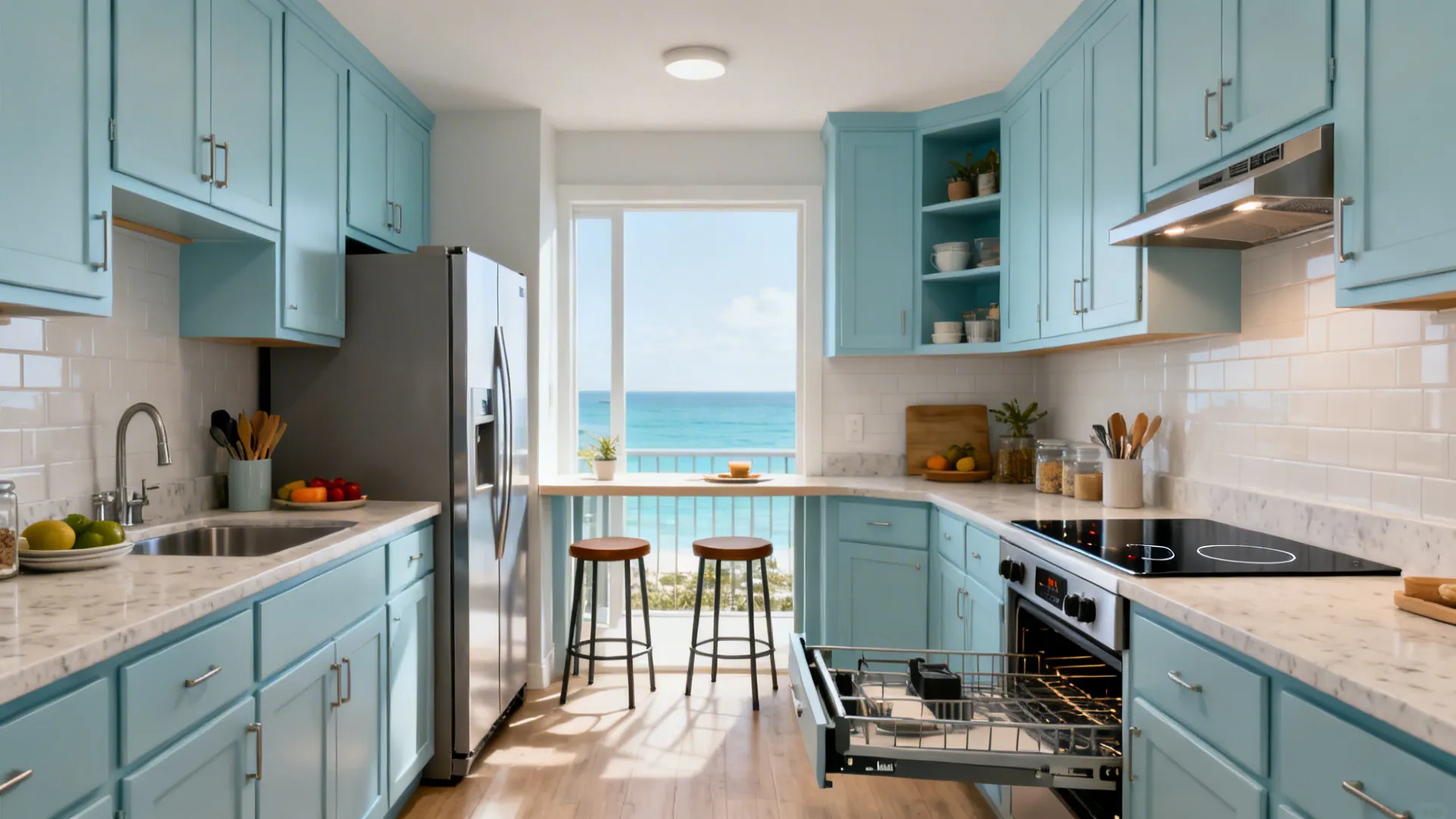 Compact L-shaped kitchen with fridge on the short leg, clear prep run, and a small breakfast nook.
