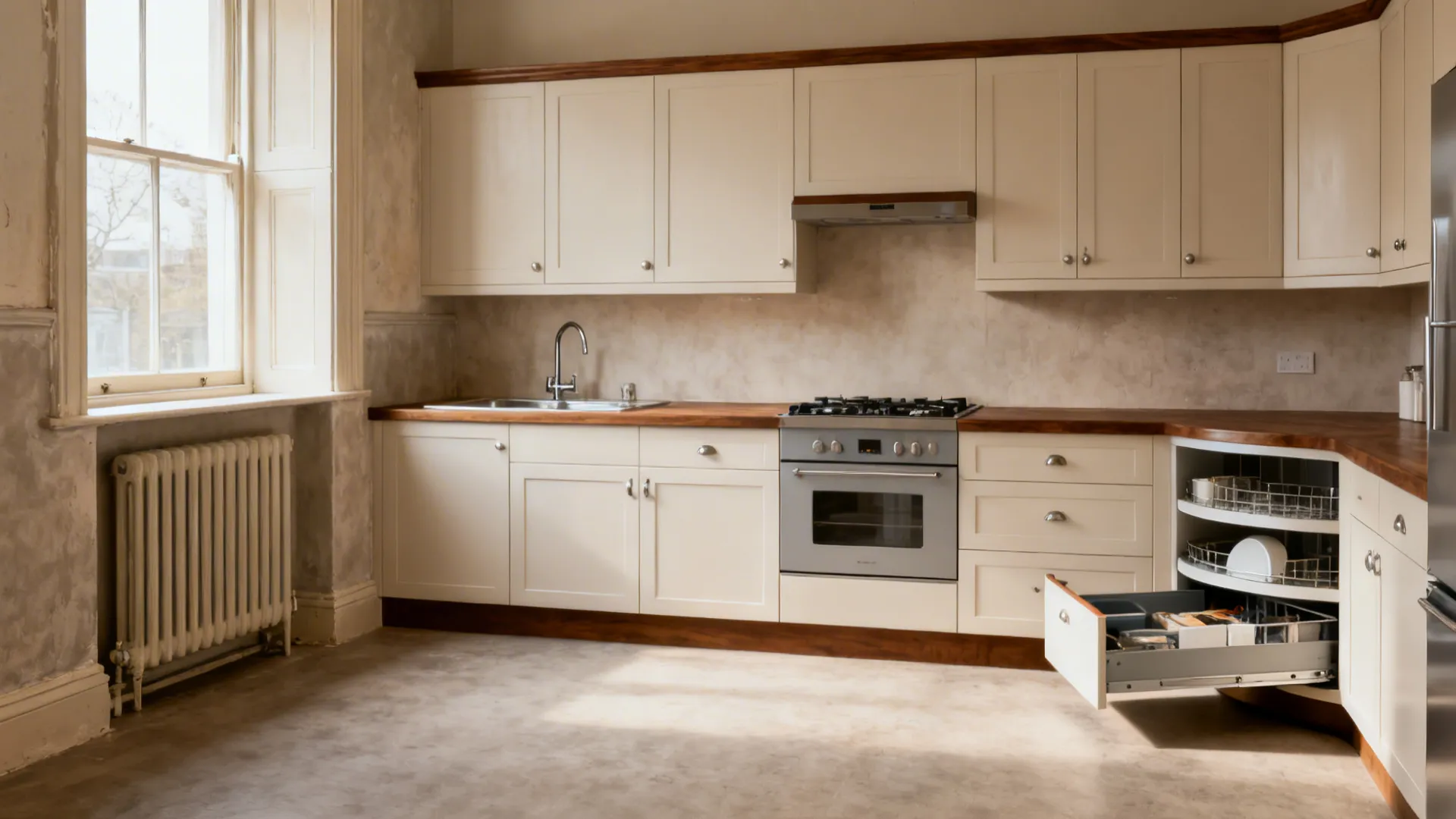 Compact L-shaped kitchen with corner storage and continuous counters