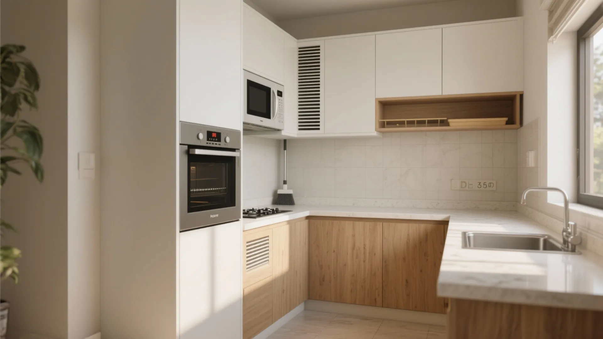L-Shaped Kitchen with Shallow Tall Units