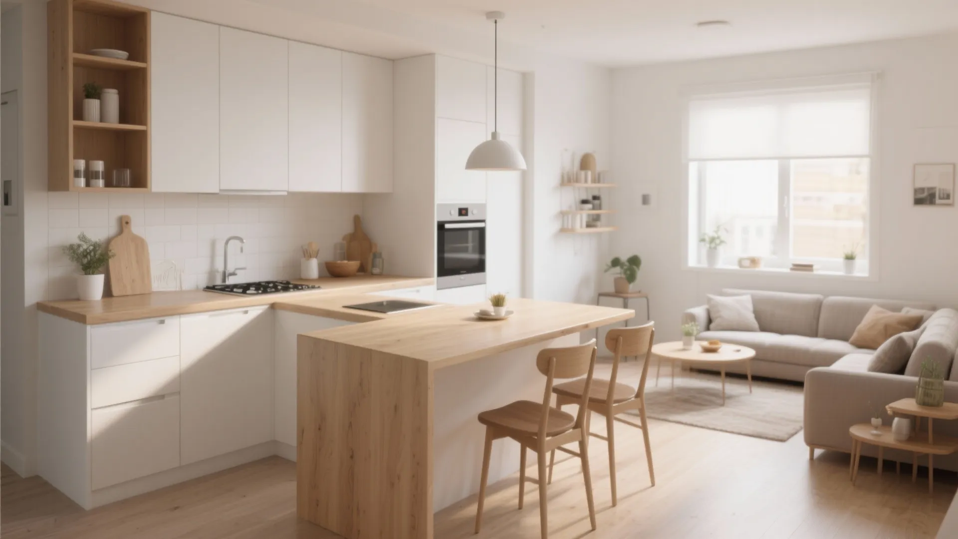 L-shaped kitchen layout maximizing counters in open plan home