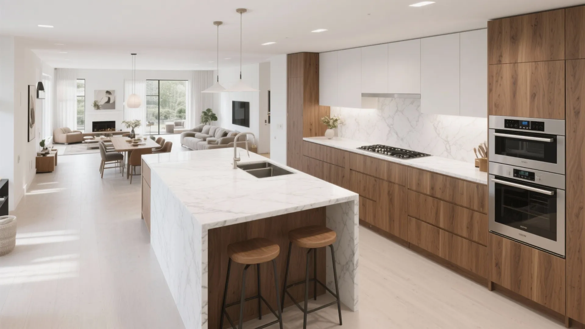 Modern open plan kitchen with white marble island wood cabinets grey sofa and large dining table